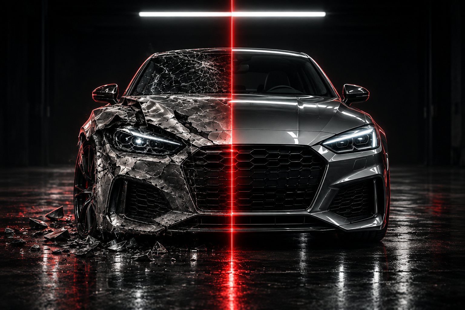 A grey coupe in a dark garage, wrecked on one side and flawless on the other, split by a red line of light